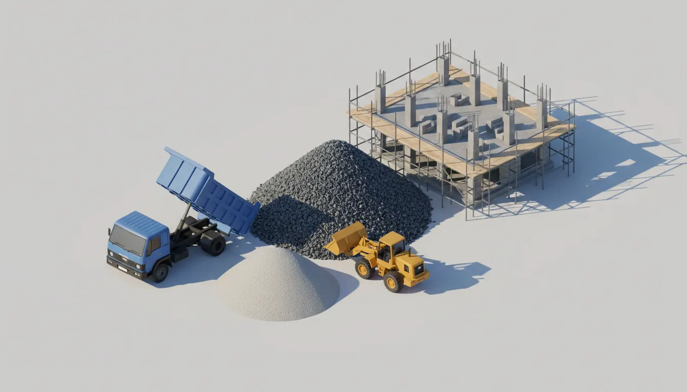 3D illustration of a Chennai construction site with a tipper and aggregate stockpiles