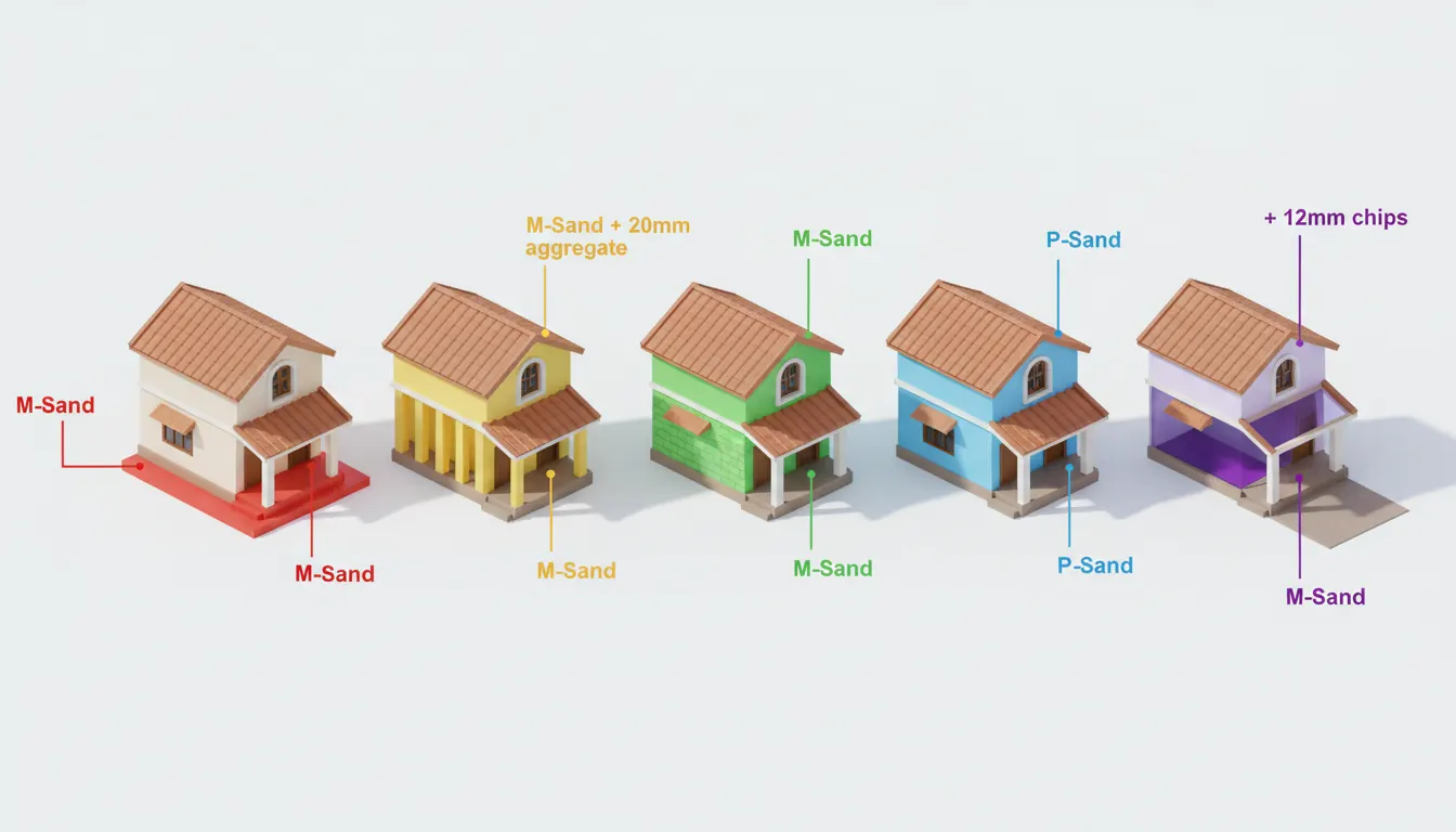 3D infographic showing which OneInfra product is used in each part of a 2-story house — M-Sand in foundation, M-Sand + 20mm in columns, M-Sand in walls, P-Sand in plaster, 12mm chips in flooring