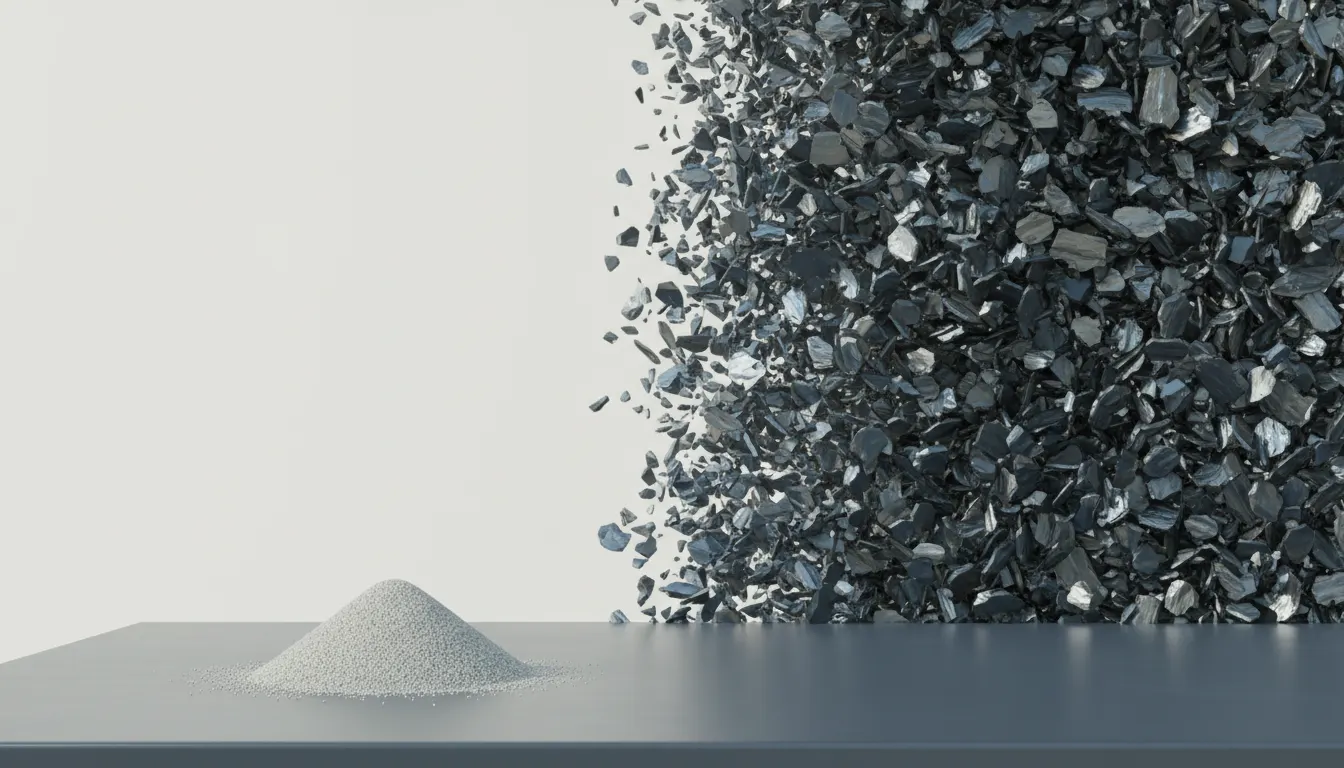 Dark blue metal aggregate falling onto a pile beside fine grey M-Sand