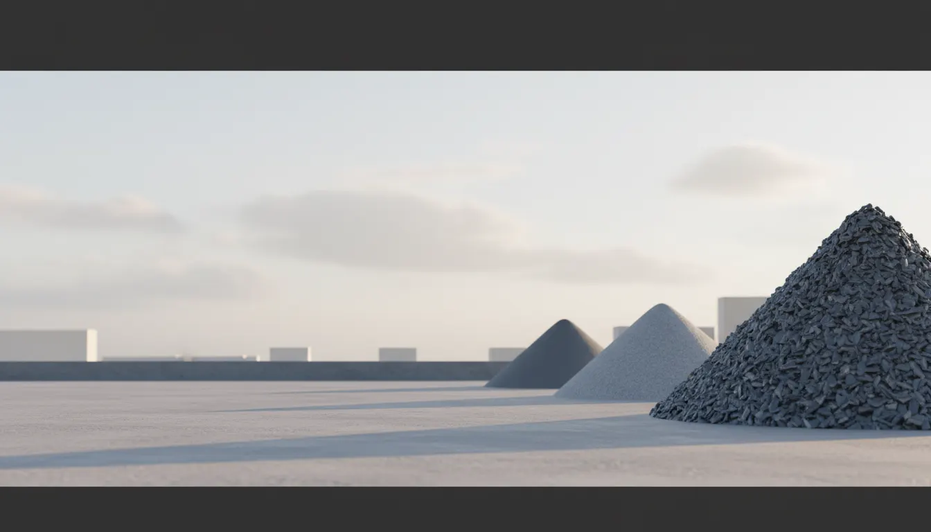 Three conical piles of different construction materials