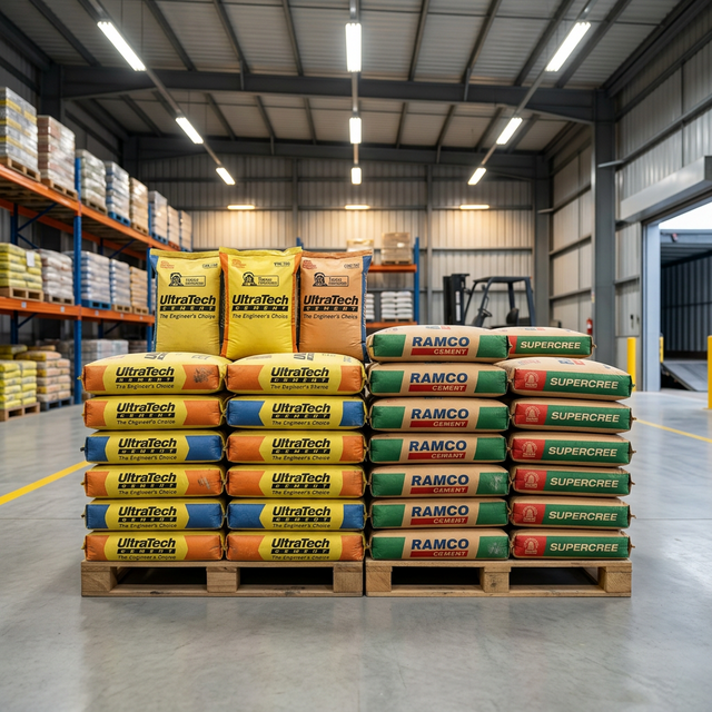 UltraTech and Ramco cement bags neatly stacked in a modern warehouse