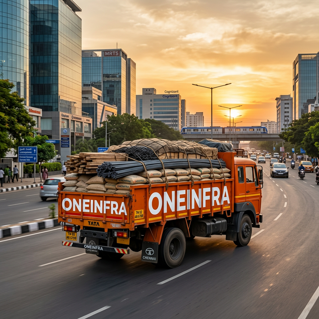 OneInfra branded delivery truck on a Chennai road carrying construction materials