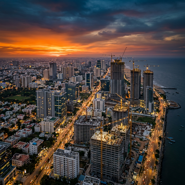 Chennai skyline with buildings under construction at golden hour
