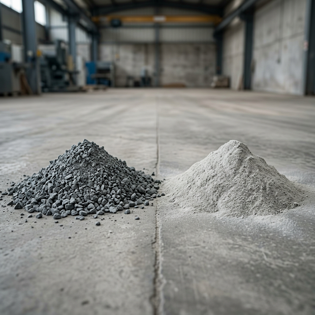 High-quality M-Sand and P-Sand piles in an industrial warehouse