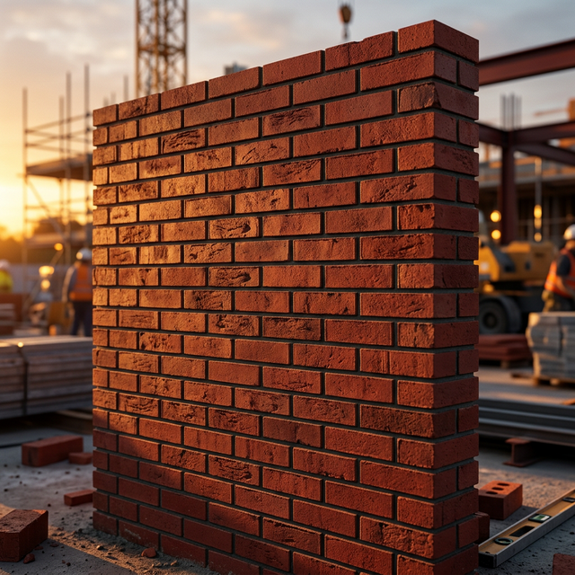 Perfectly stacked premium deep-red clay bricks with cinematic lighting
